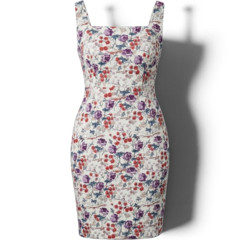Ann Taylor Floral Sheath Dress Womens‎ 4 Purple Red Cotton Textured Square Neck